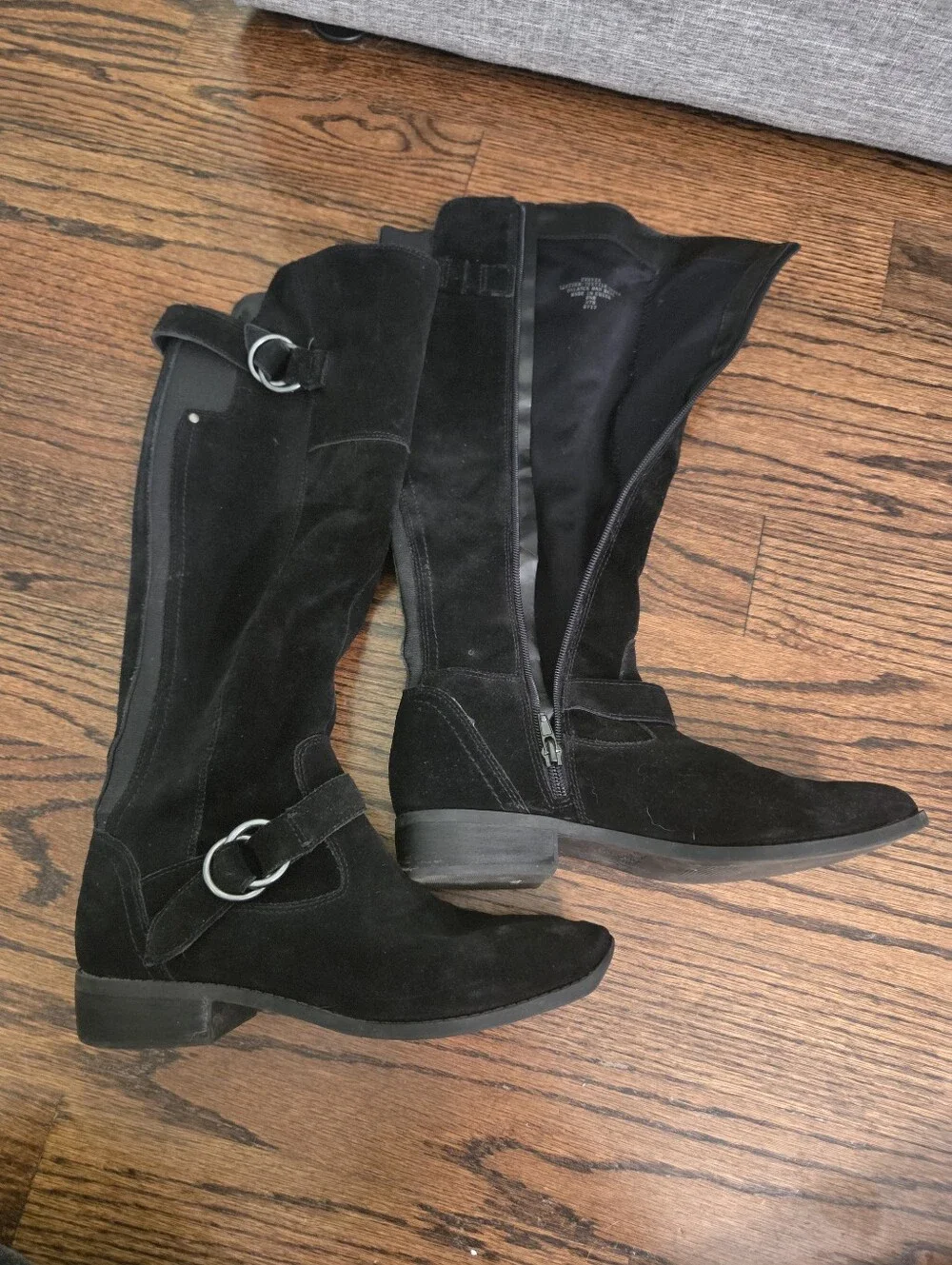 Crown Vintage black suede knee high boots with buckle, Size 8.5